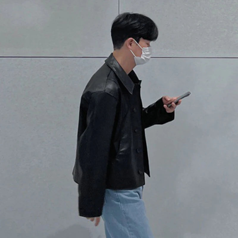 Men’s Cropped Faux Leather Jacket – Minimal Korean Streetwear Black Jacket