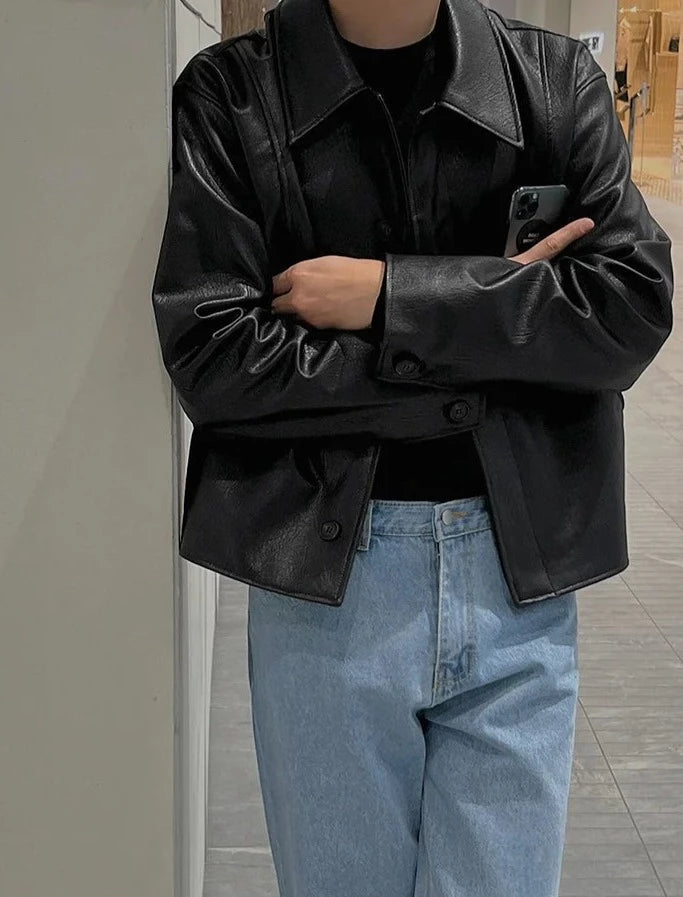 Men’s Cropped Faux Leather Jacket – Minimal Korean Streetwear Black Jacket