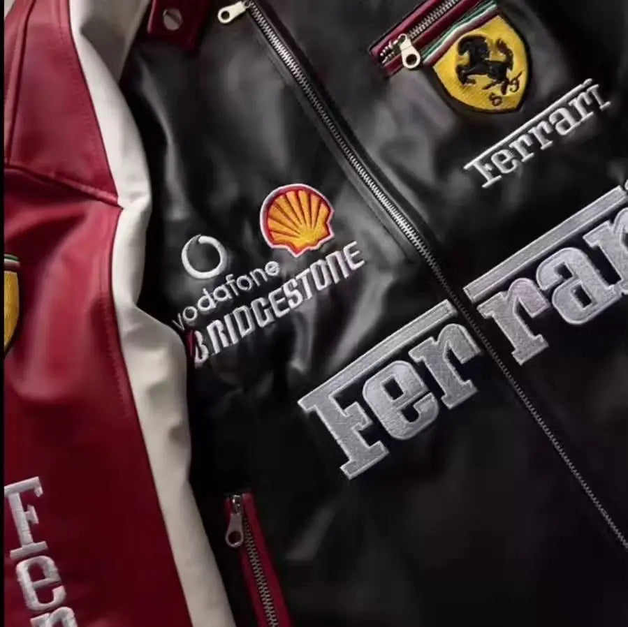 Ferrari Maroon and Black Leather Jacket (Embroidered)