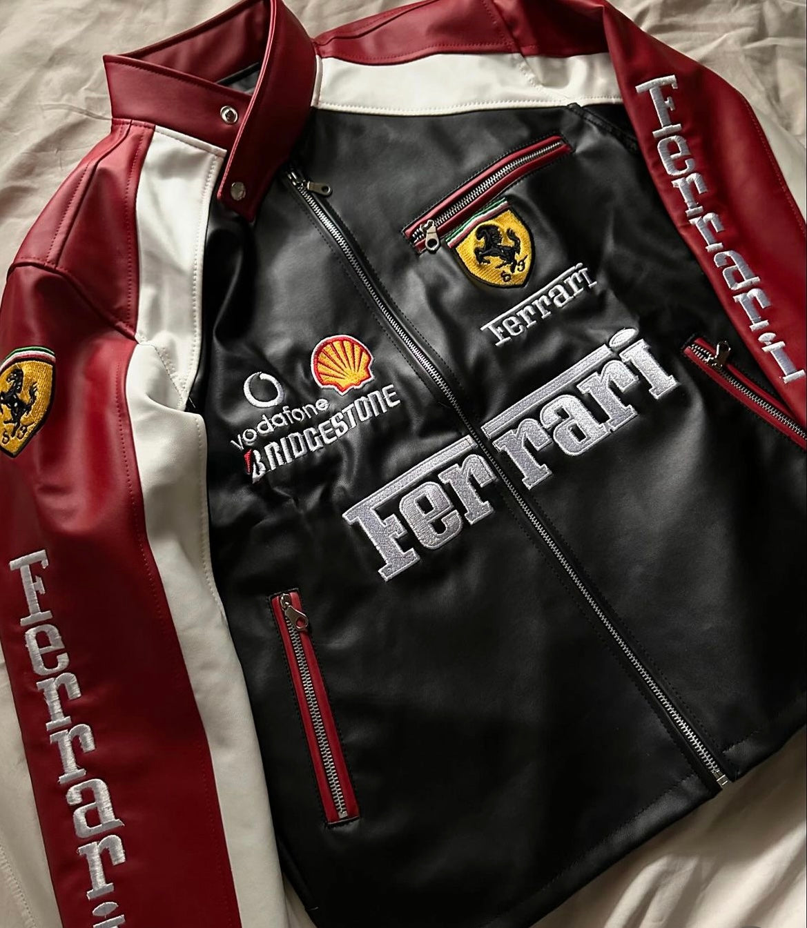 Ferrari Maroon and Black Leather Jacket (Embroidered)