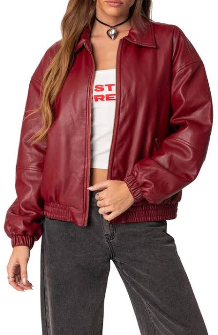 Premium Oversized Faux Leather Bomber Jacket – Red & Burgundy