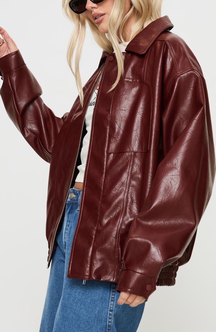 Premium Oversized Faux Leather Bomber Jacket – Red & Burgundy