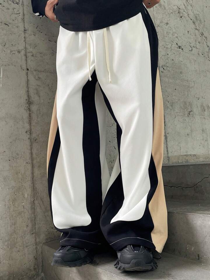 Premium Wide-Leg Cotton Track Pants – High-Street Color Block Joggers