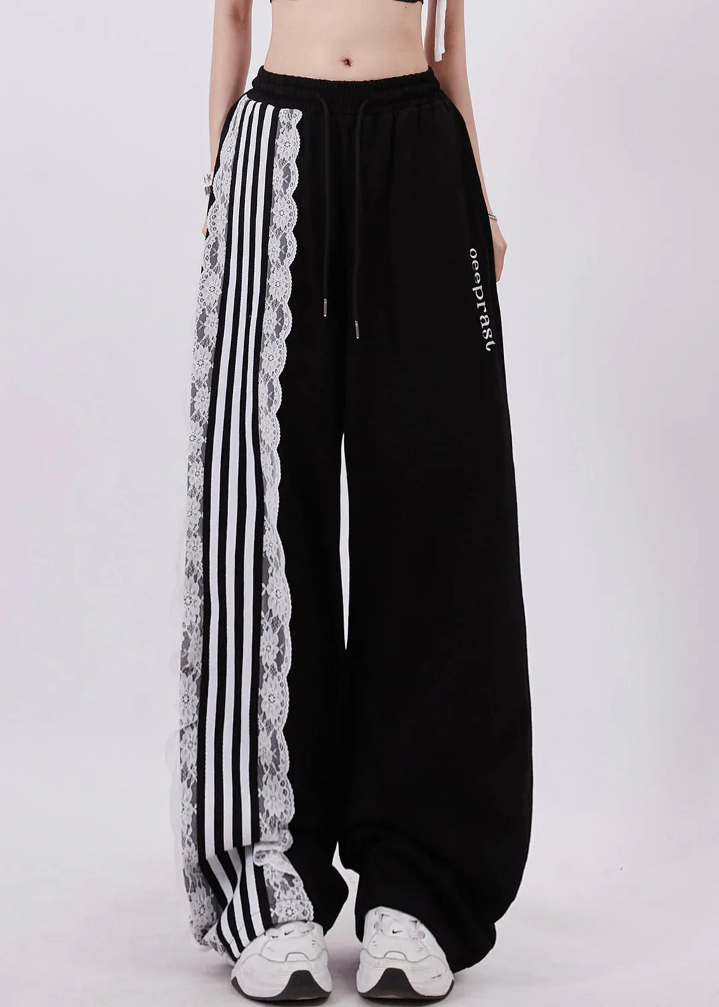 Lace-Trimmed Striped Wide-Leg Sweatpants – Edgy Meets Elegant
