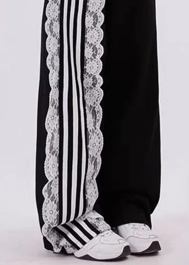 Lace-Trimmed Striped Wide-Leg Sweatpants – Edgy Meets Elegant