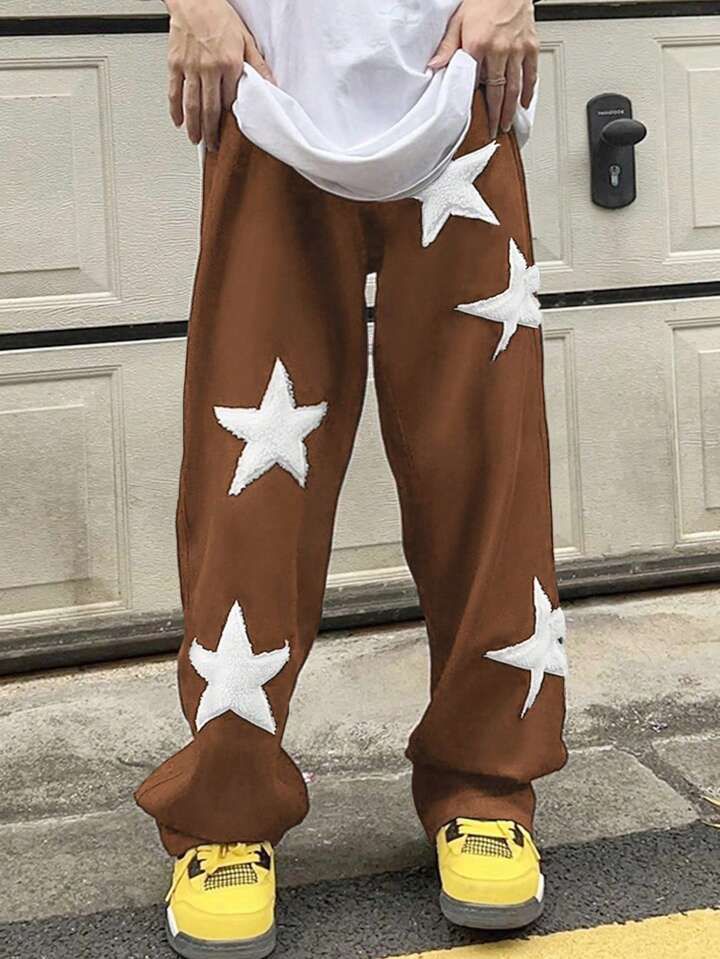 Uibok Premium Star Patchwork Track Pants – Brown | Bold Streetwear Statement