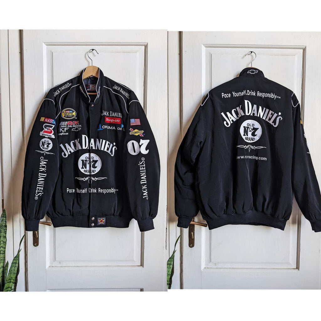 Jack Daniel's Racing Jacket for Men | Embroidered NASCAR Bomber Jacket | Black Streetwear Racing Jacket India | Winter Outerwear