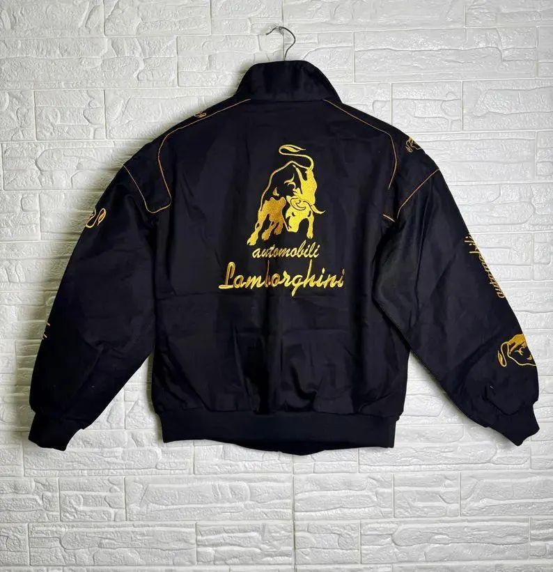 Automobili Lamborghini Embroidered Jacket – Black & Gold Racing Bomber with Bull Logo, Streetwear Motorsport Varsity Style